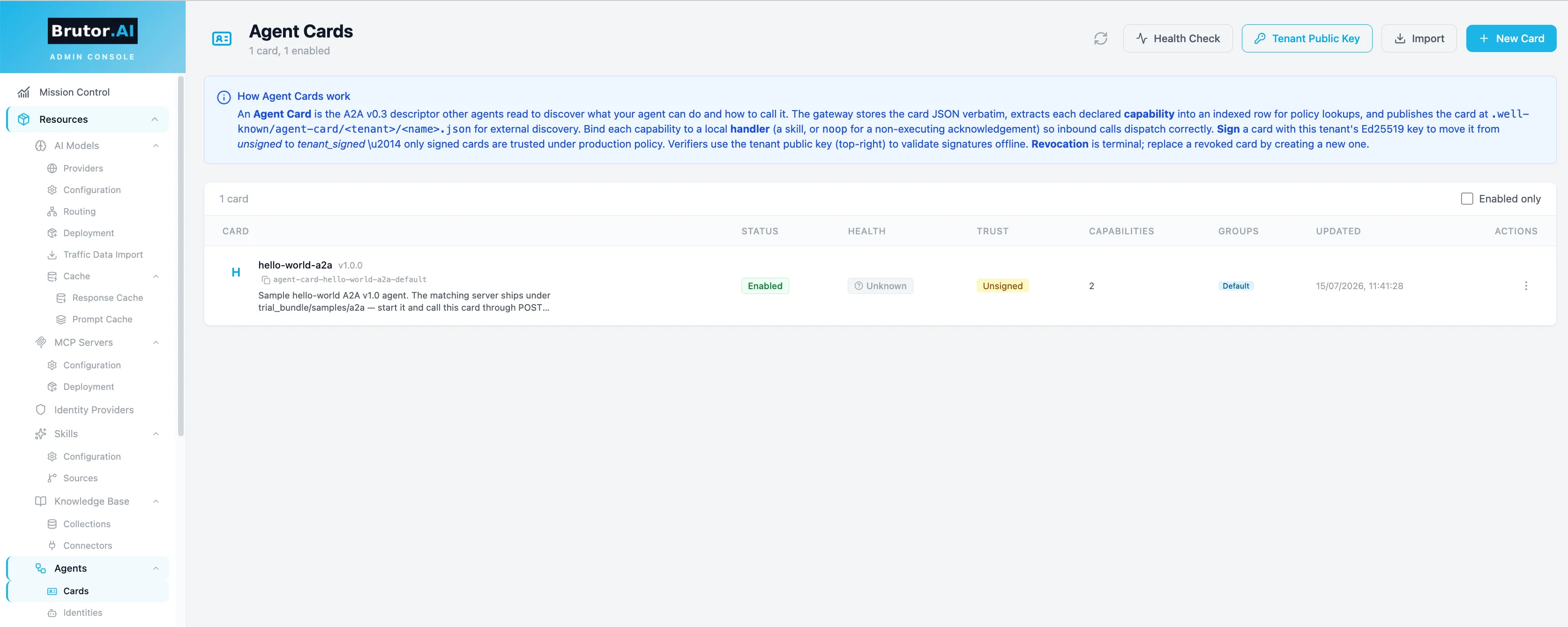 Agent cards registered in the Admin UI