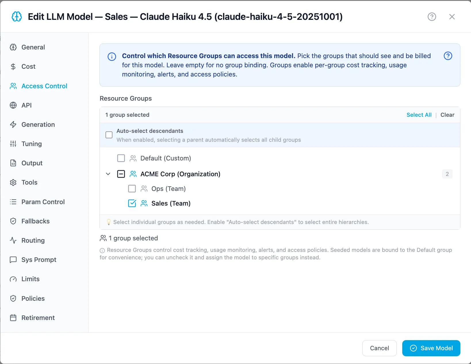 A model’s Access Control tab: the resource groups that may call it