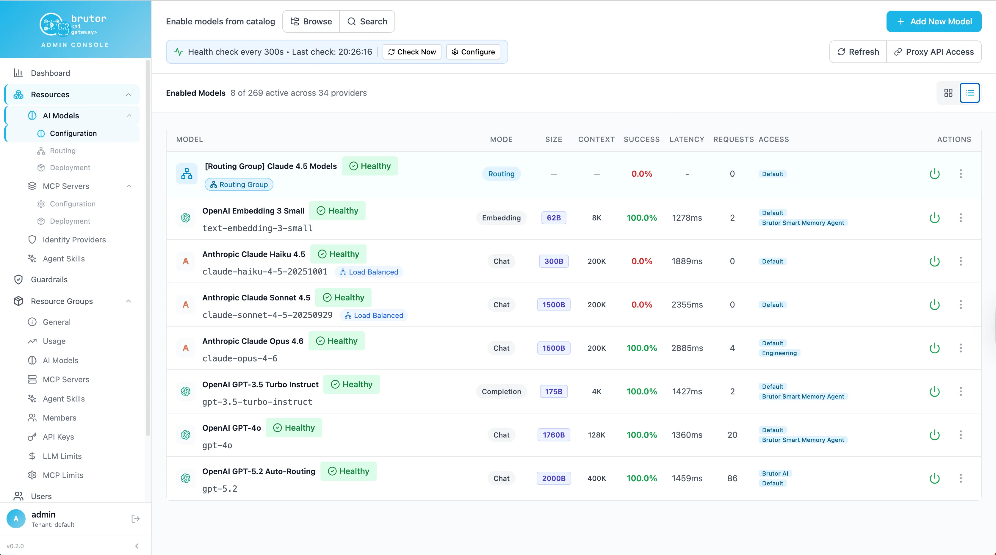 AI Models Configuration page with the health-check bar and Healthy badges