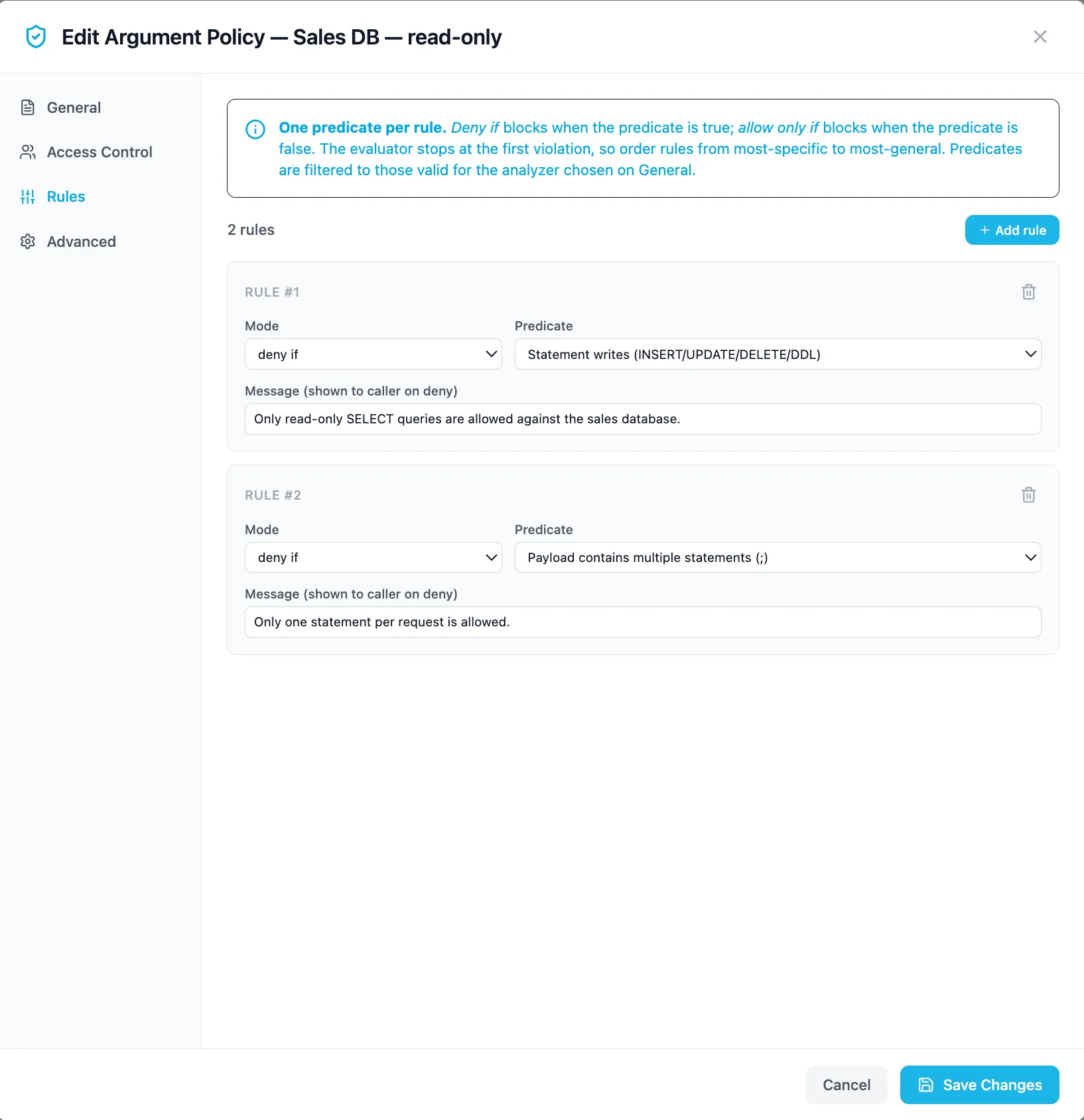 Argument policy rule editor