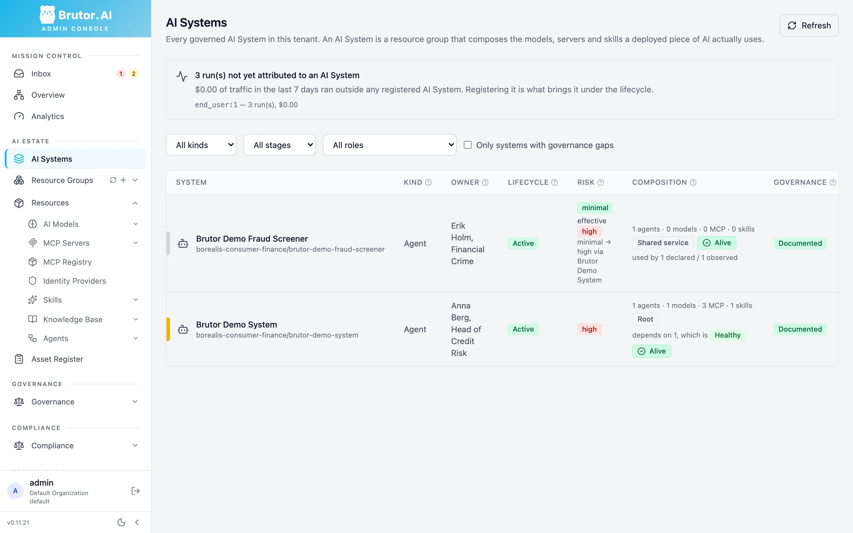 The AI Systems list with Brutor Demo System and Brutor Demo Fraud Screener, both active