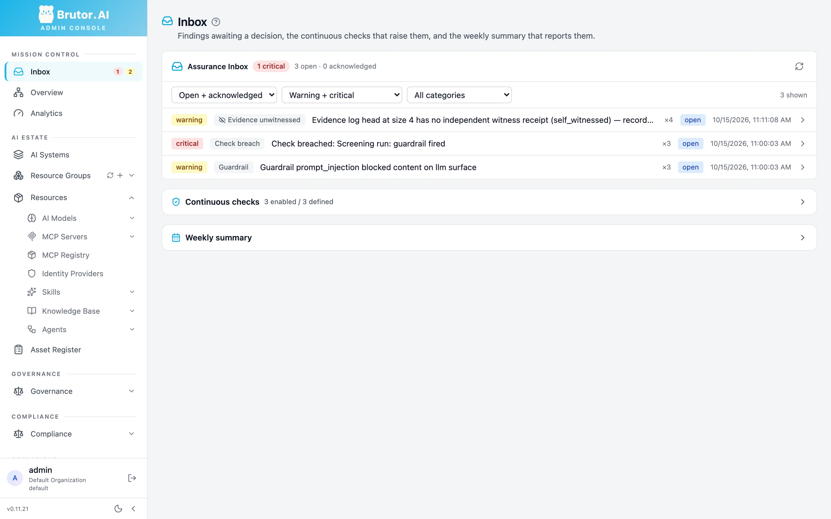 Assurance Inbox with a critical check breach, a guardrail finding and an evidence finding