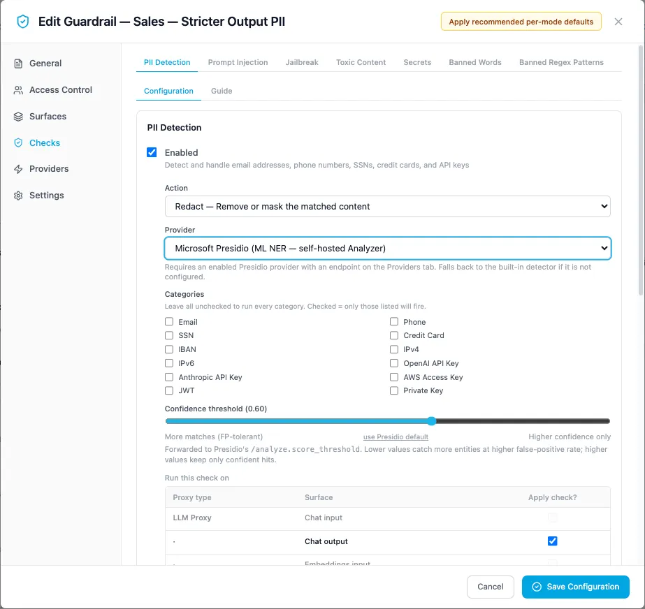 PII check backed by Microsoft Presidio