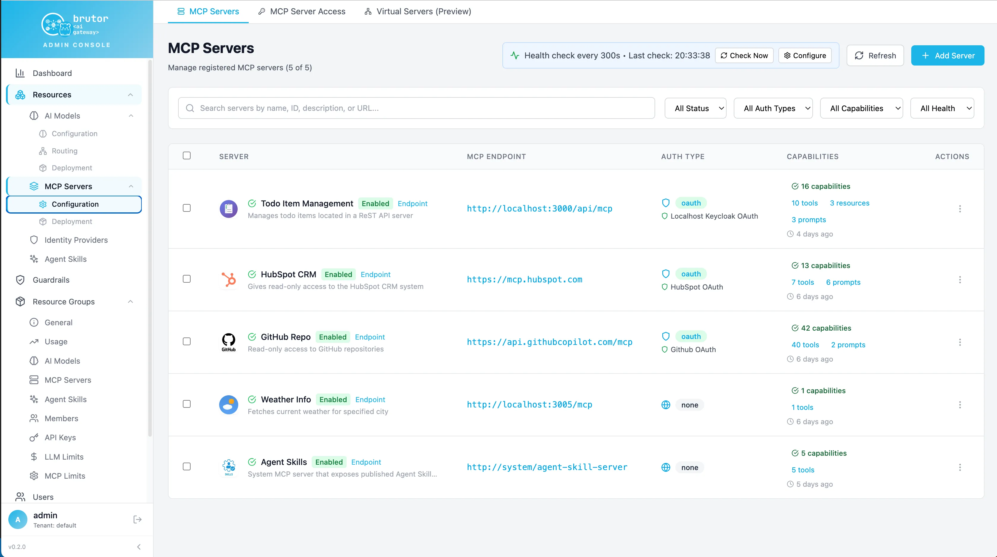 MCP Servers list in the Admin Console