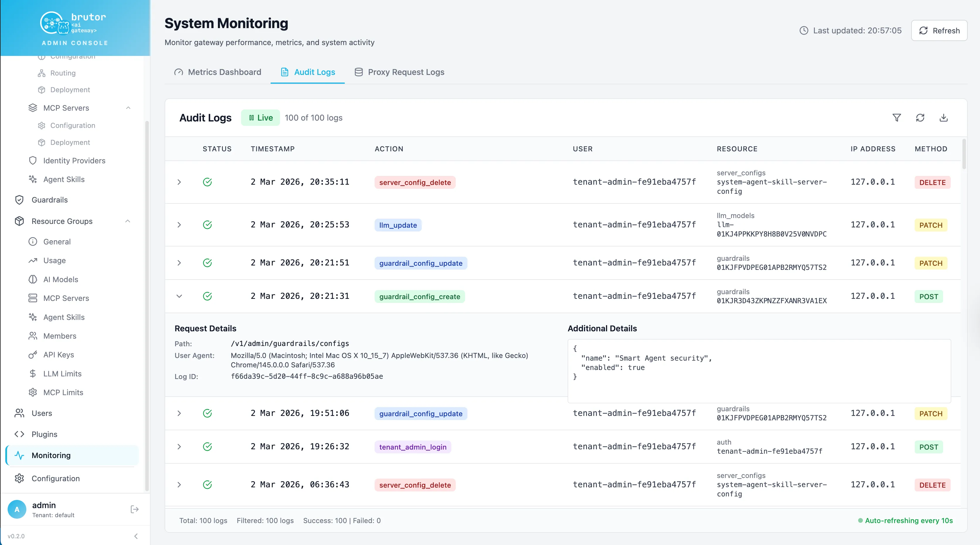 Audit logs in the Admin UI