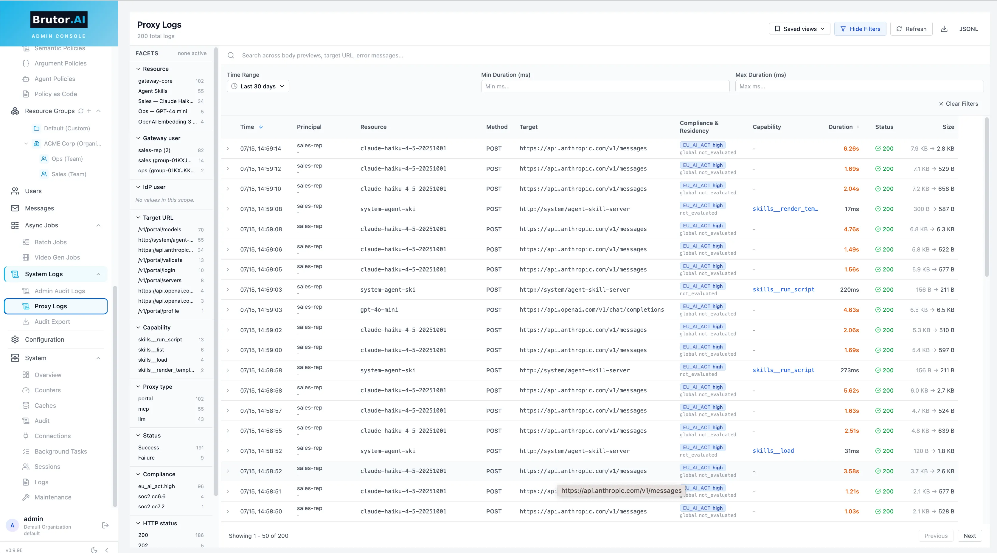 Proxy logs in the Admin UI