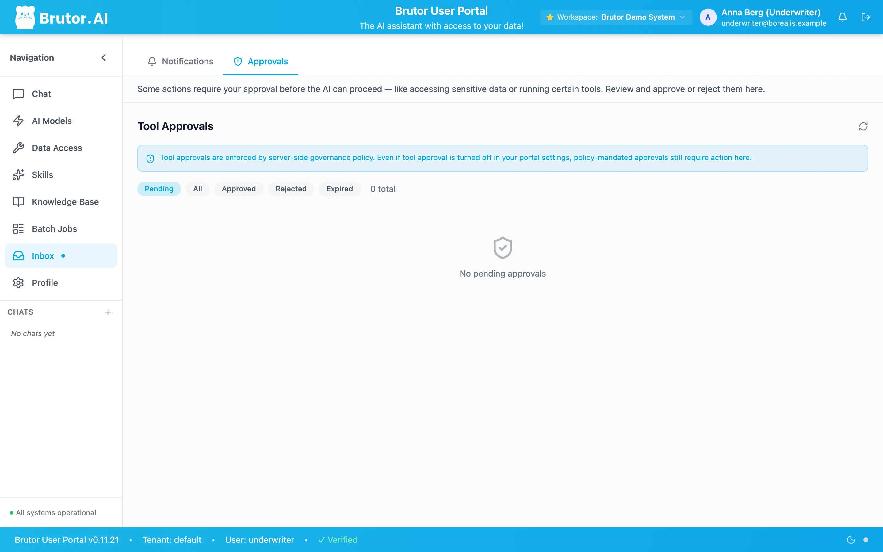 User Portal Inbox, Approvals tab, signed in as Anna Berg (Underwriter) in the Brutor Demo System workspace