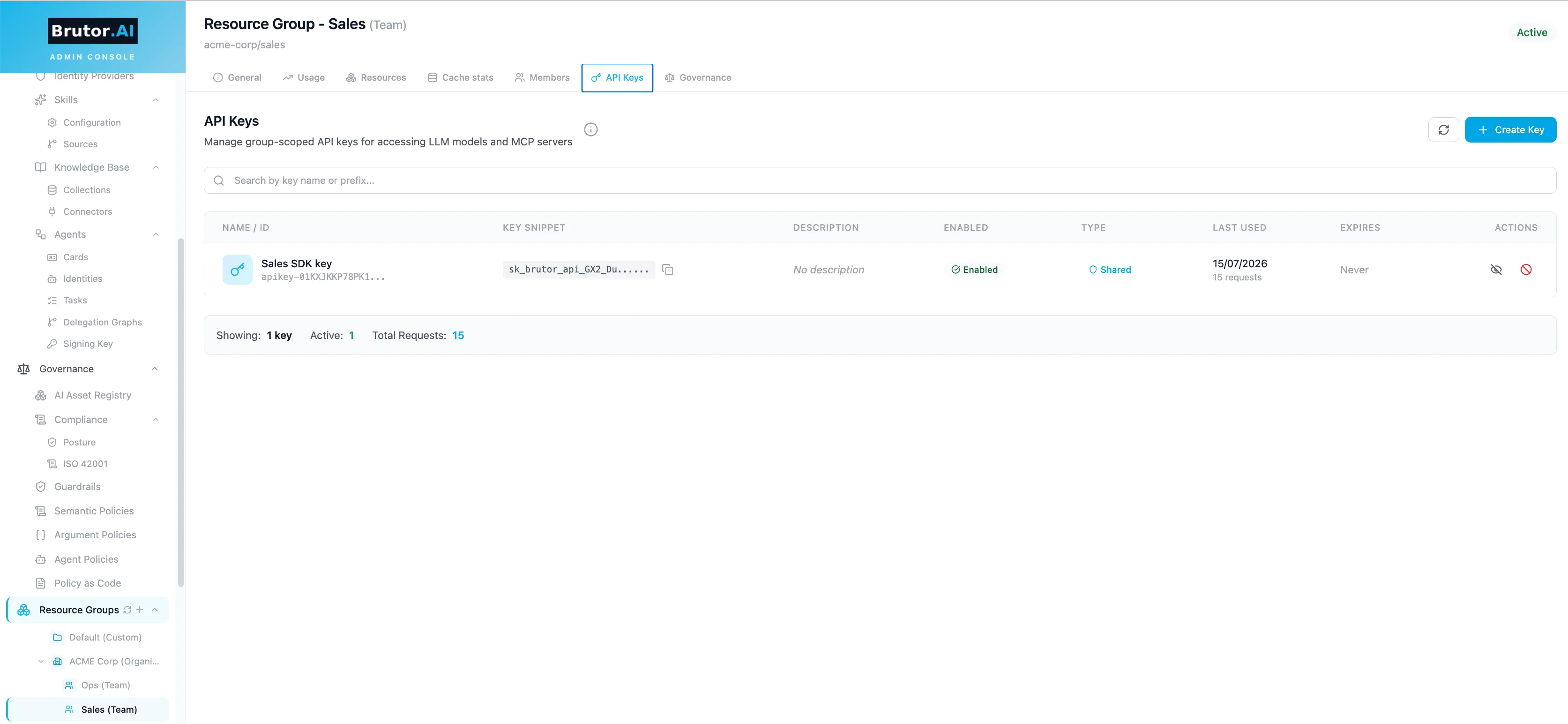 Resource group API Keys tab in the Admin Console
