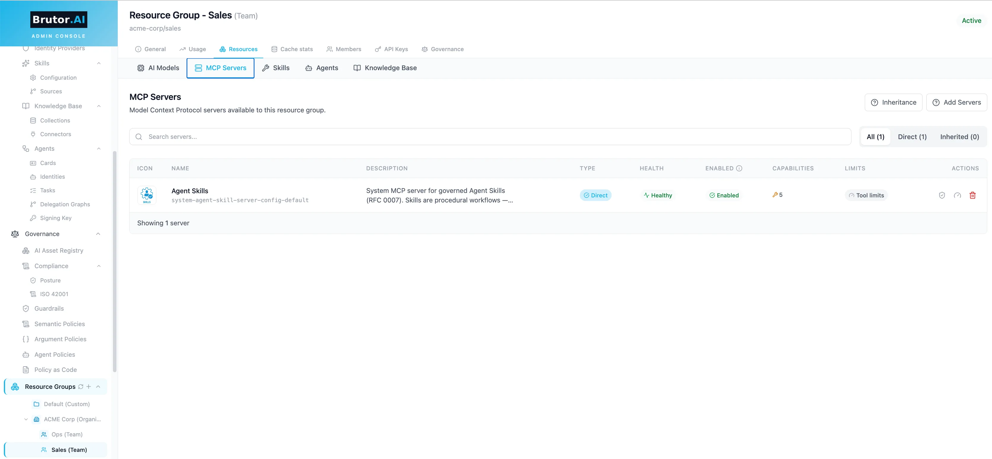 A resource group’s MCP Servers tab, with the capability-filter shield and Tool limits in the Actions column