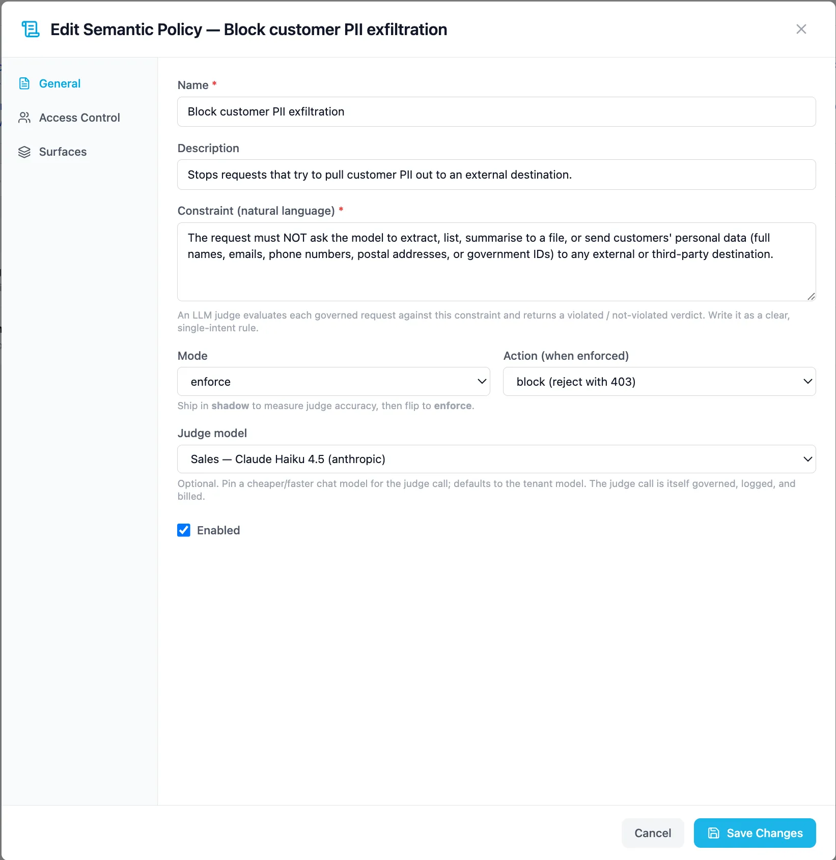 Semantic policy editor — the constraint in plain language