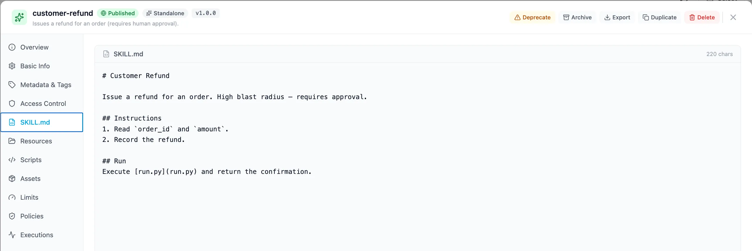 A skill’s SKILL.md authored in the Admin UI