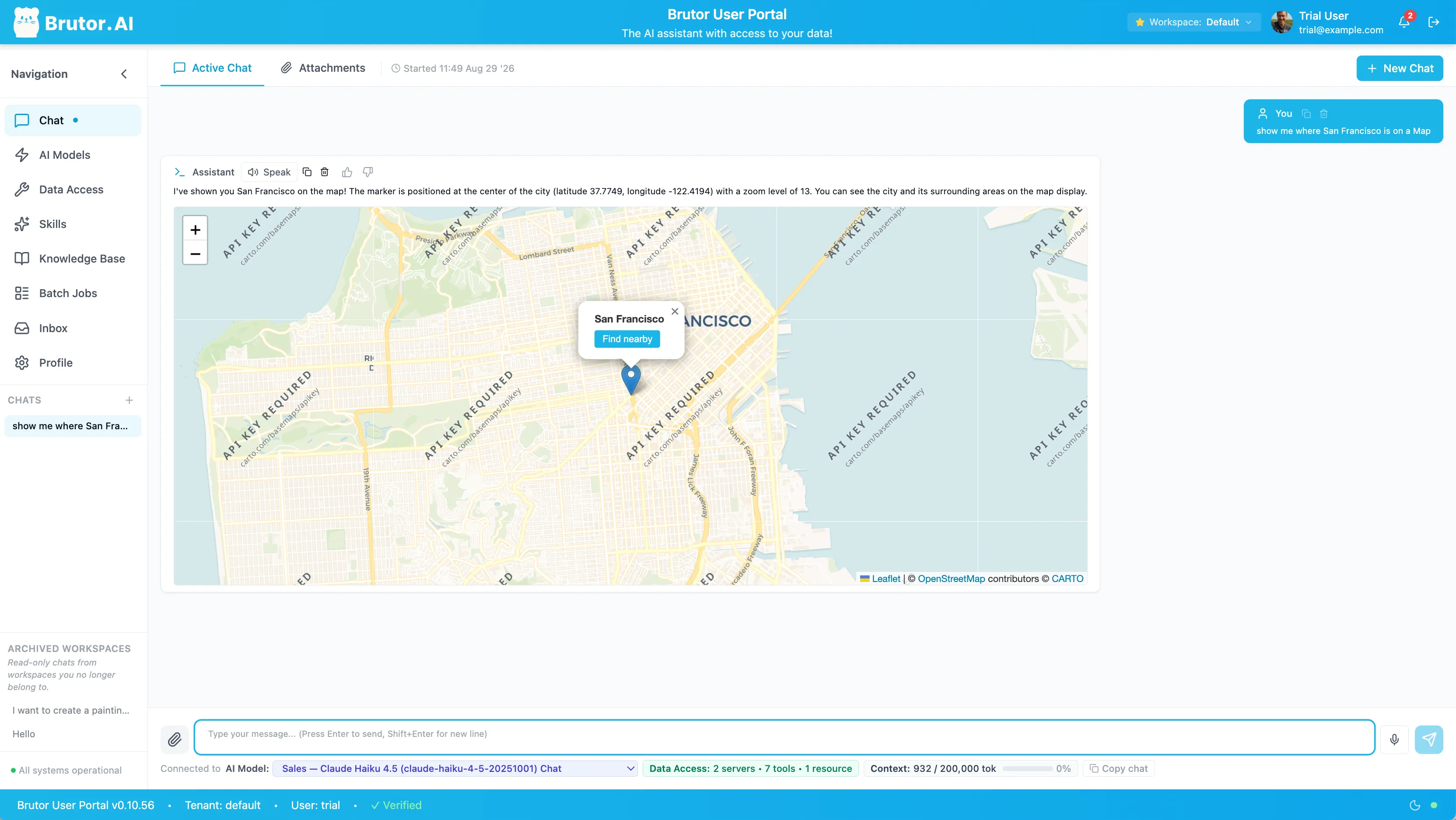 The Brutor User Portal: a chat in the Default workspace where the assistant answers with an interactive map, rendered from an MCP tool’s result — the model, the connected data access and the context budget are on the composer’s status line.