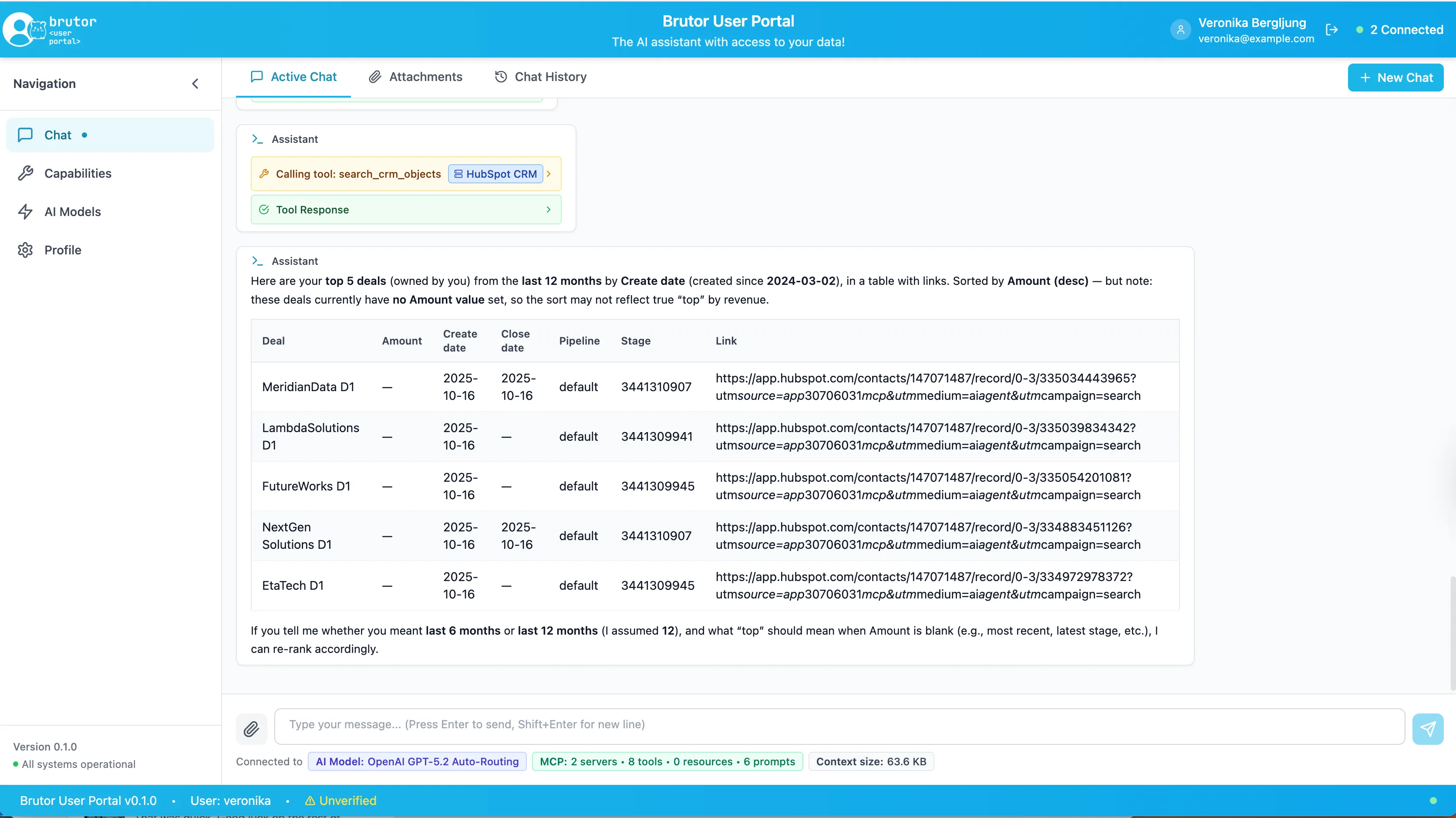 The Brutor User Portal: a chat conversation using an LLM together with connected HubSpot MCP tools.