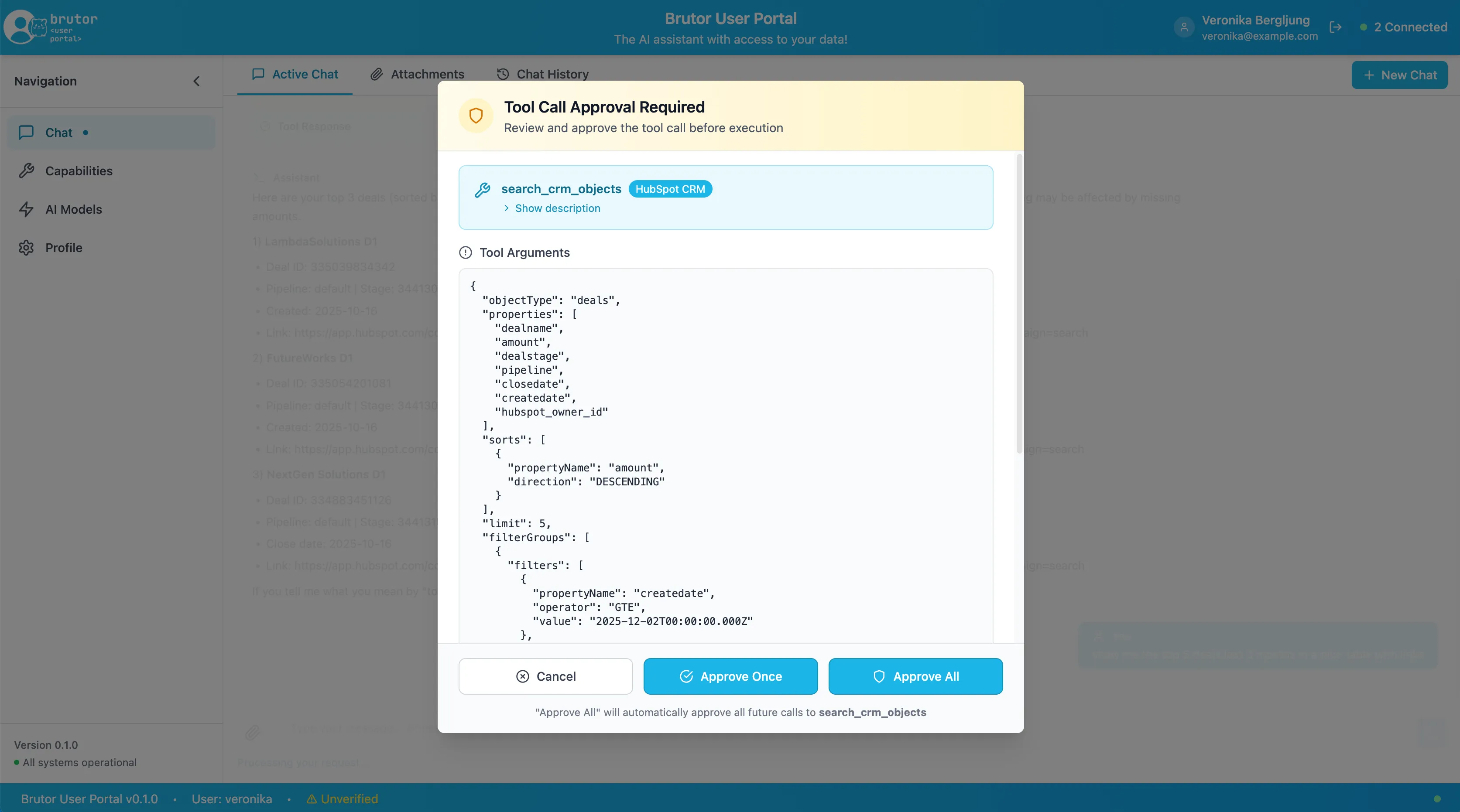Tool call confirmation in the User Portal